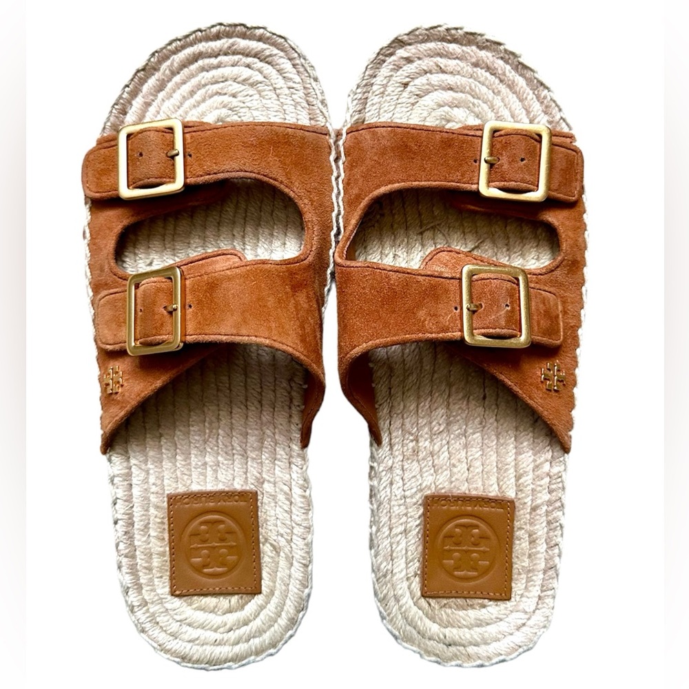 Tory Burch Selby Two-Band Espadrille Slide Sandal Ambra Tan Women’s Size 7